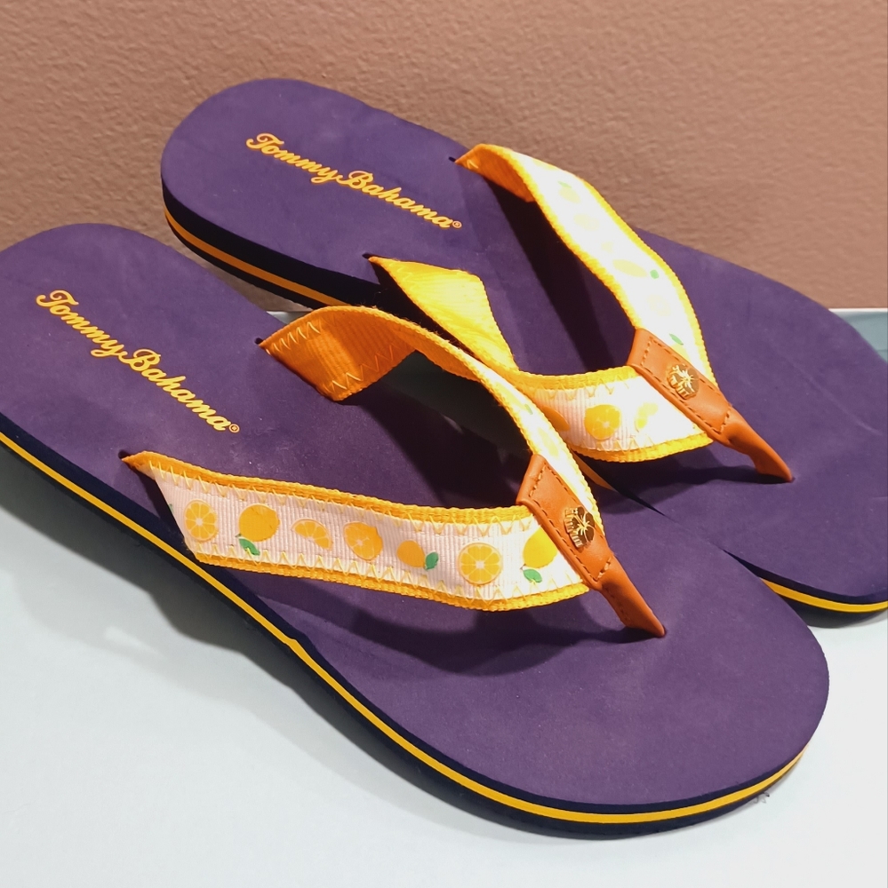 Tommy Bahamas Women's Blue and Yellow citrus accent Flip Flops cushioned footbed
